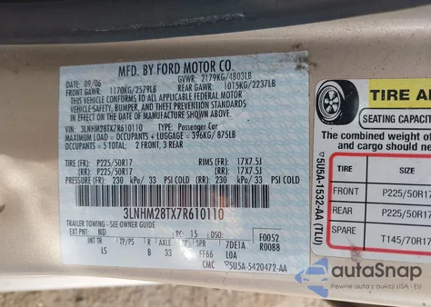 2007 Lincoln Mkz z USA, uszkodzony, nr VIN 3LNHM28TX7R610110